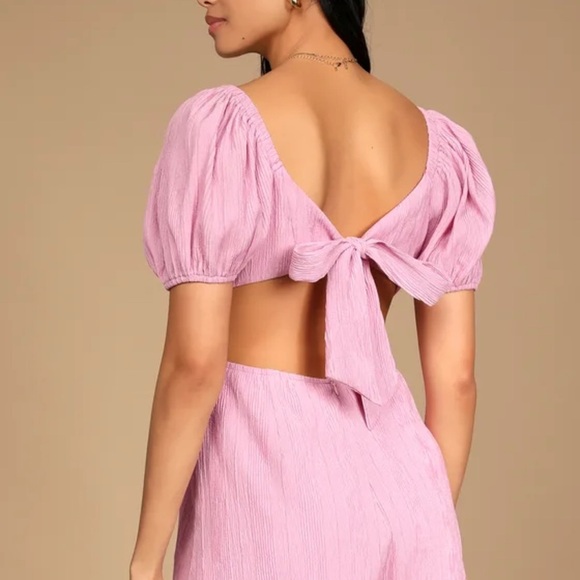 Lulus Sprung Lavender Tie-Back Puff Sleeve Ruffled Romper NWT - Picture 2 of 5